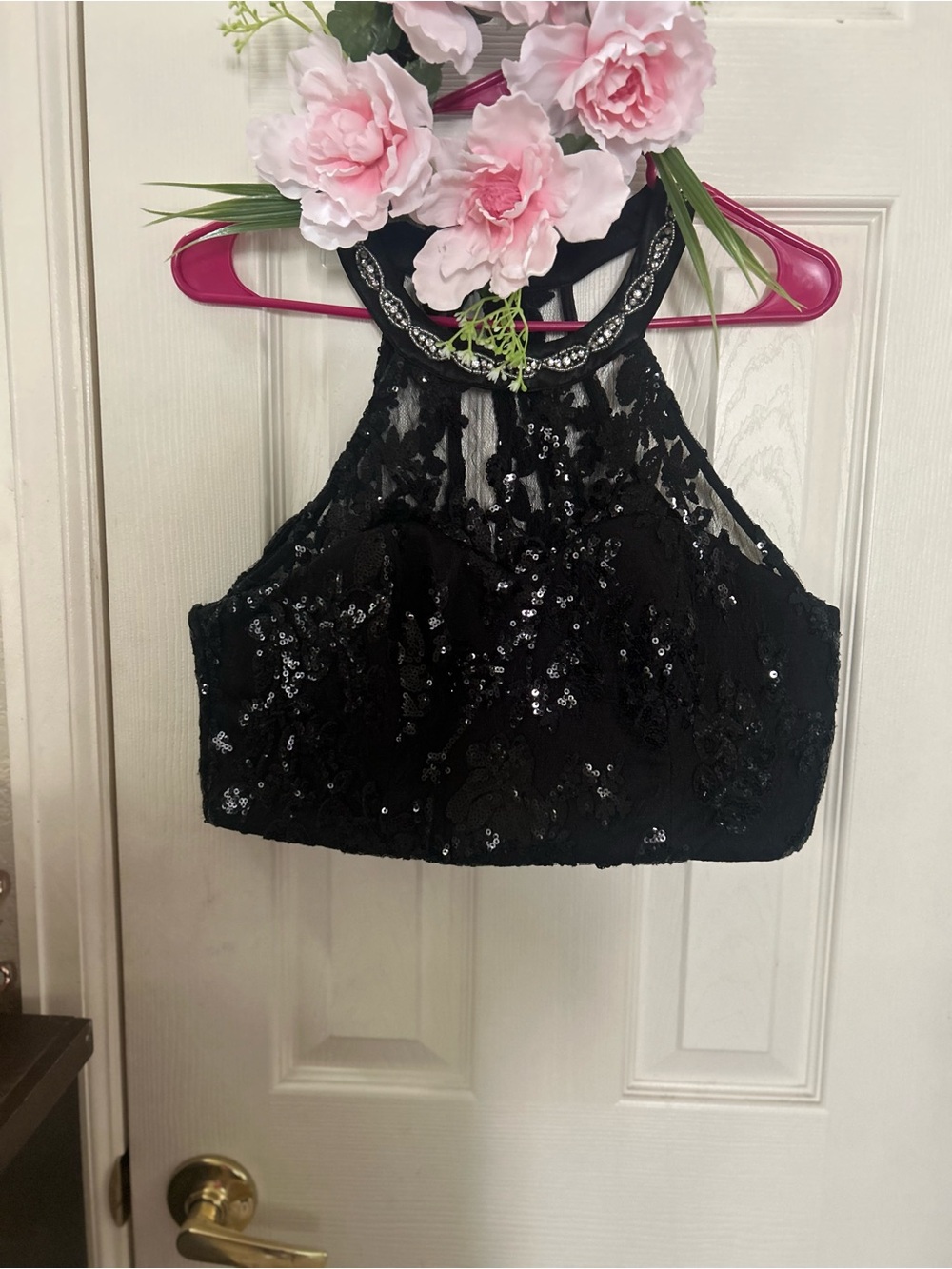 Sequin Hearts Black Sequined Lace Halter Crop Top size 15, looks smaller than 15